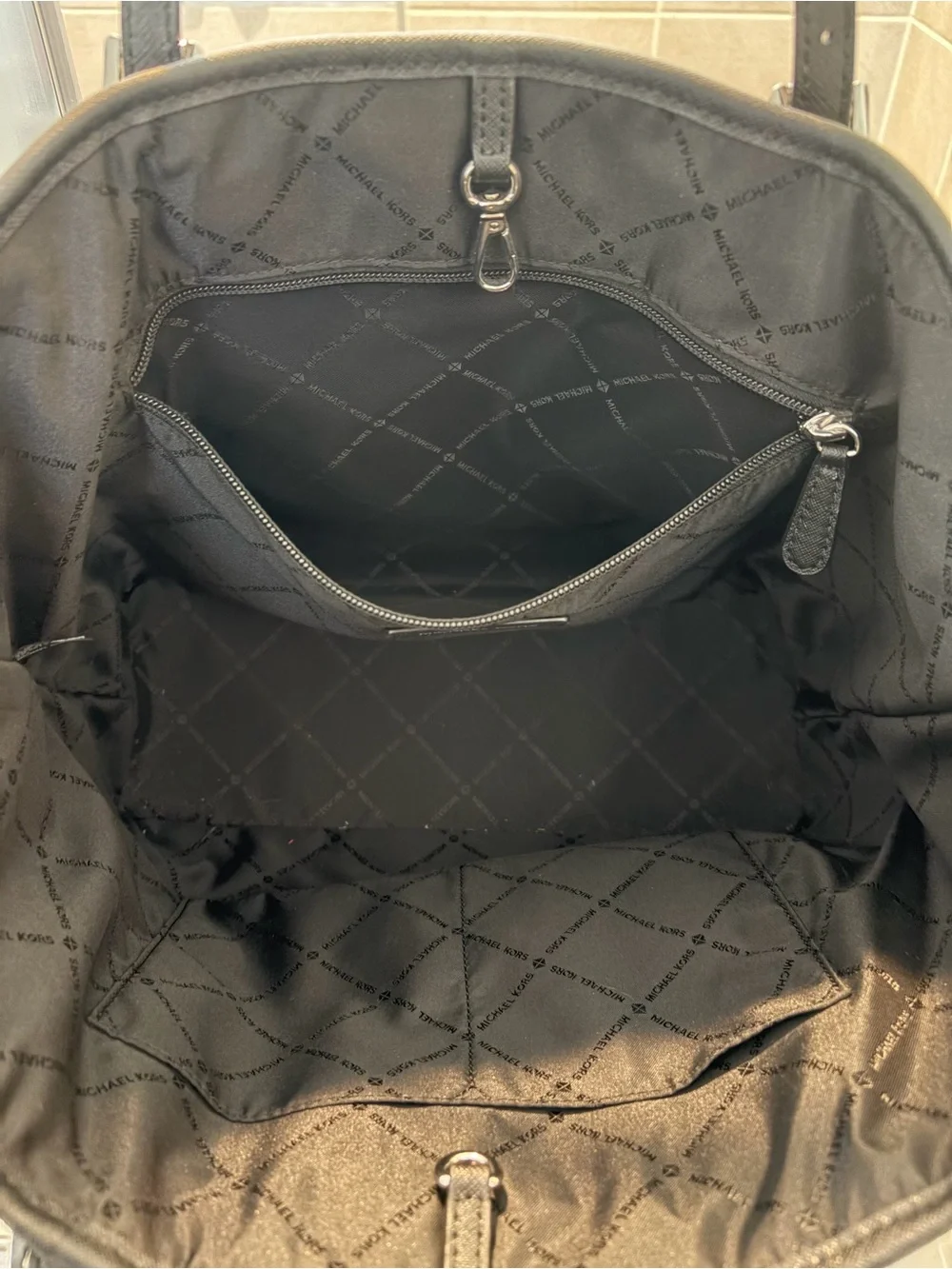Michael Kors Black Tote with Grey Center Stripe